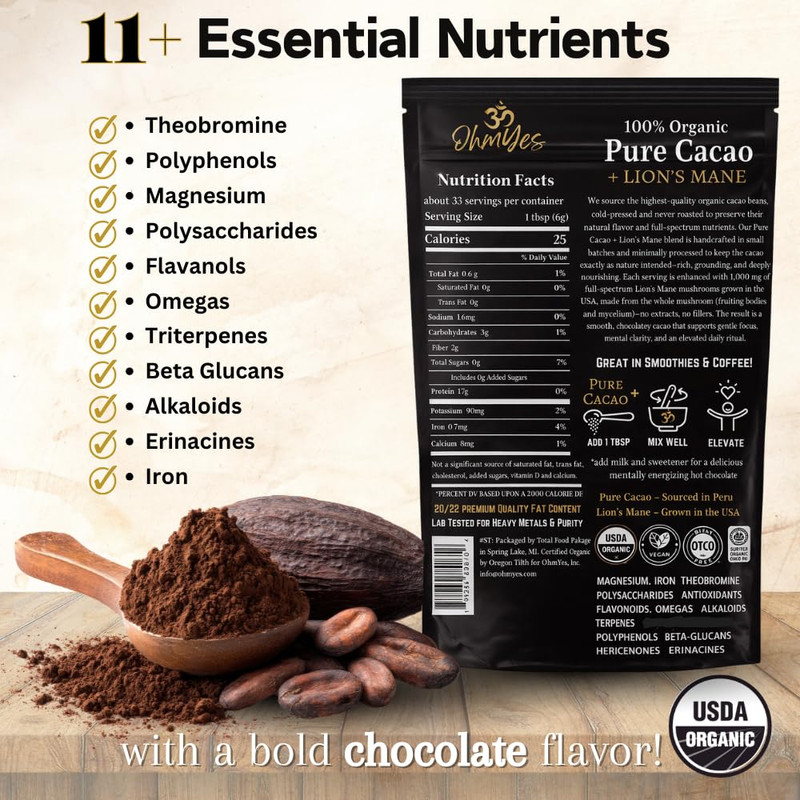 Lion'S Mane Mushroom Cacao | Premium Pure Raw Organic Cacao Powder | Natural Cho gallery