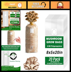20 Pack Mushroom Grow Bags – 6 Mil Polypropylene, 8″x5″x20″, Filter Patch & Inje
