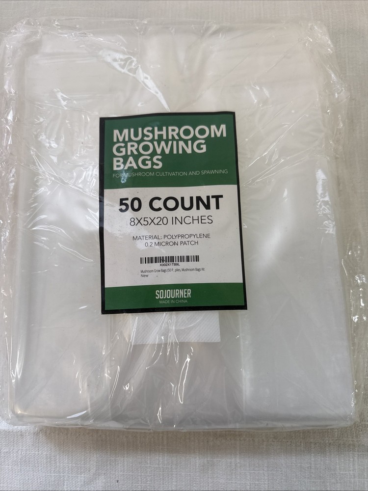 50 Mushroom Growing Bags 8” x 5” x 20” Polypropylene 0.2 Micron Patch