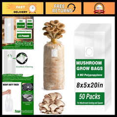 50 Pack Mushroom Grow Bags 6 Mil Polypropylene with 0.2 Micron Filter, 8″x5″x20